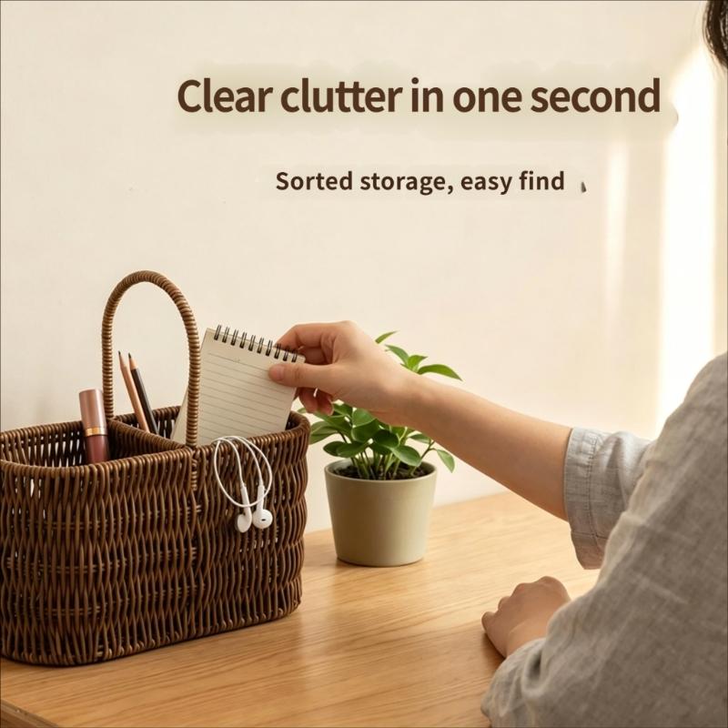 Portable Tableware Basket with Top Handle, Artificial Wicker PE Flatware Holder for Dining Table Service, Counter Storage, and Outdoor Meals