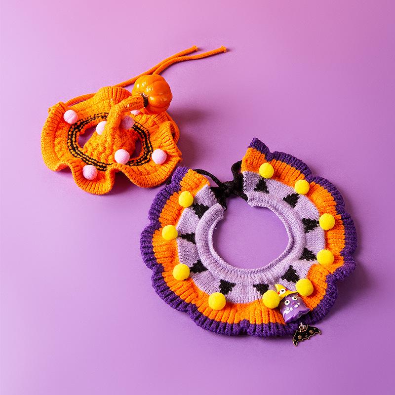 Cat Collar Halloween Costumes for Cats Puppies Knit Witch Hat Neck Piece for Halloween Party Decoration Funny Pumpkin Hat Set