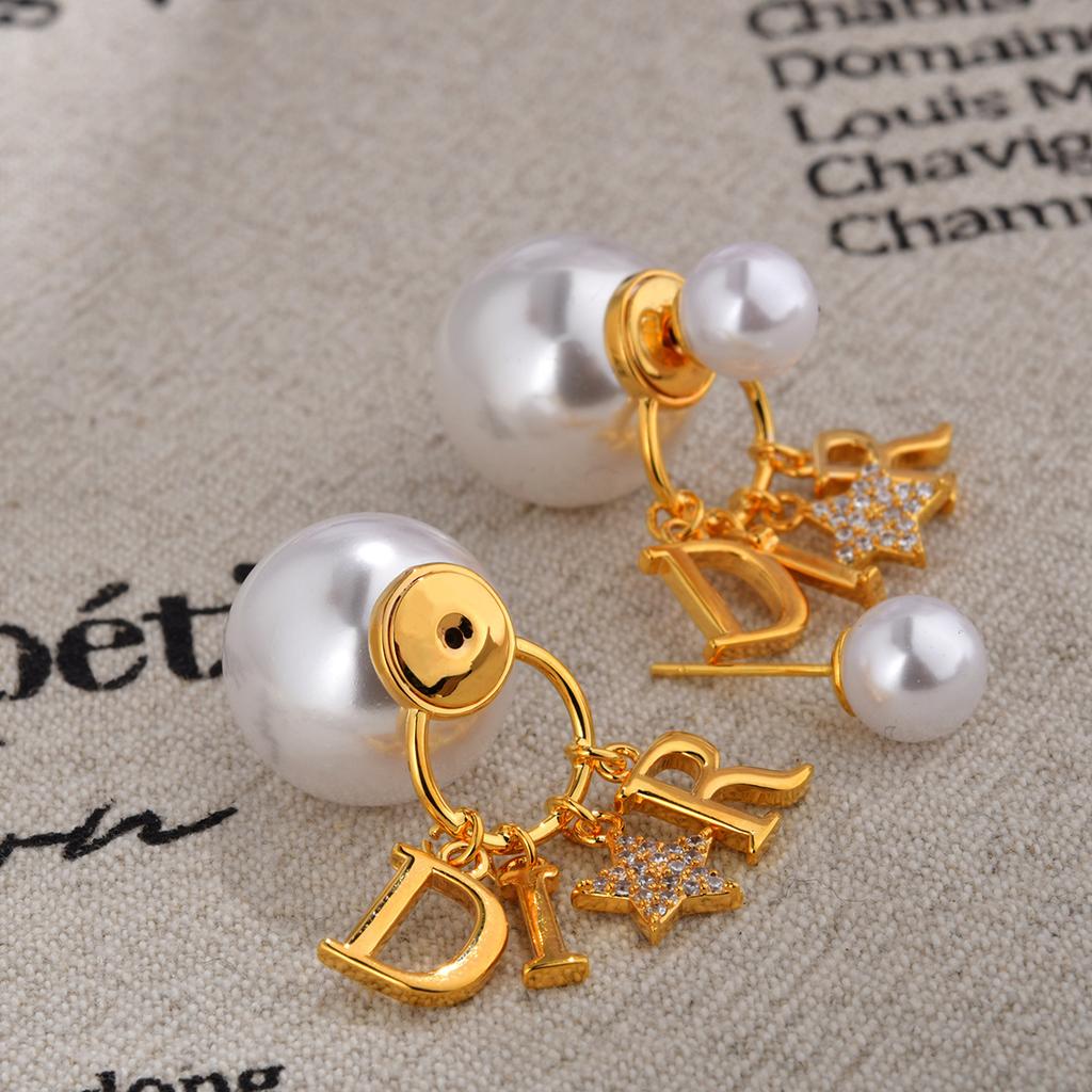 French Pearl Earrings, Full Diamond Letter Studs, Classic Statement Earrings, Luxury Jewelry