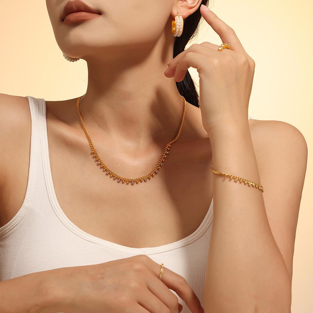 18K Gold-Plated Titanium Steel Necklace & Bracelet Set with Round Bead Spacer & Diamond Tassel