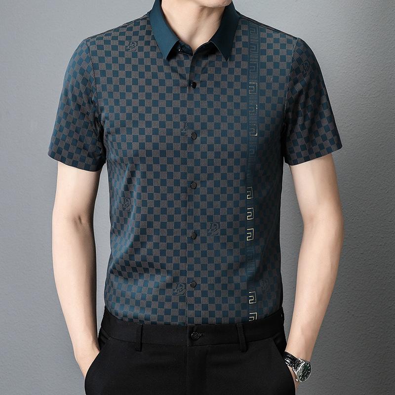 

Летняя новая мужская модная клетчатая мужская рубашка с лацканами и короткими рукавами повседневная рубашка для мужчин 4XL синий