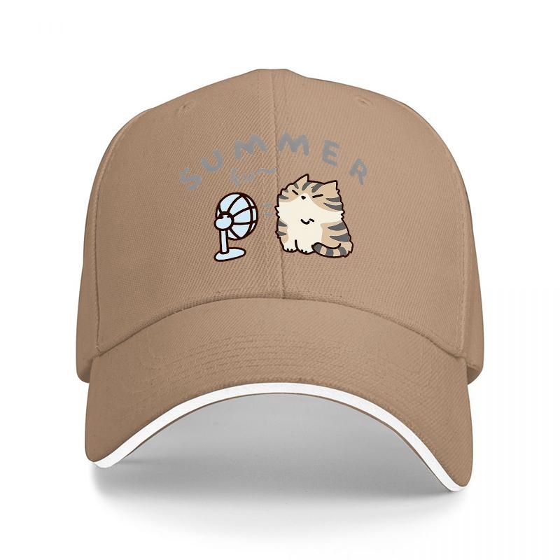 SUMMER FUN CAT WITH FAN DESIGN BLACK BASEBALL CAP FOR Unisex AND Women CASUAL STREETWEAR STYLE COOL SUMMER ACCESSORY