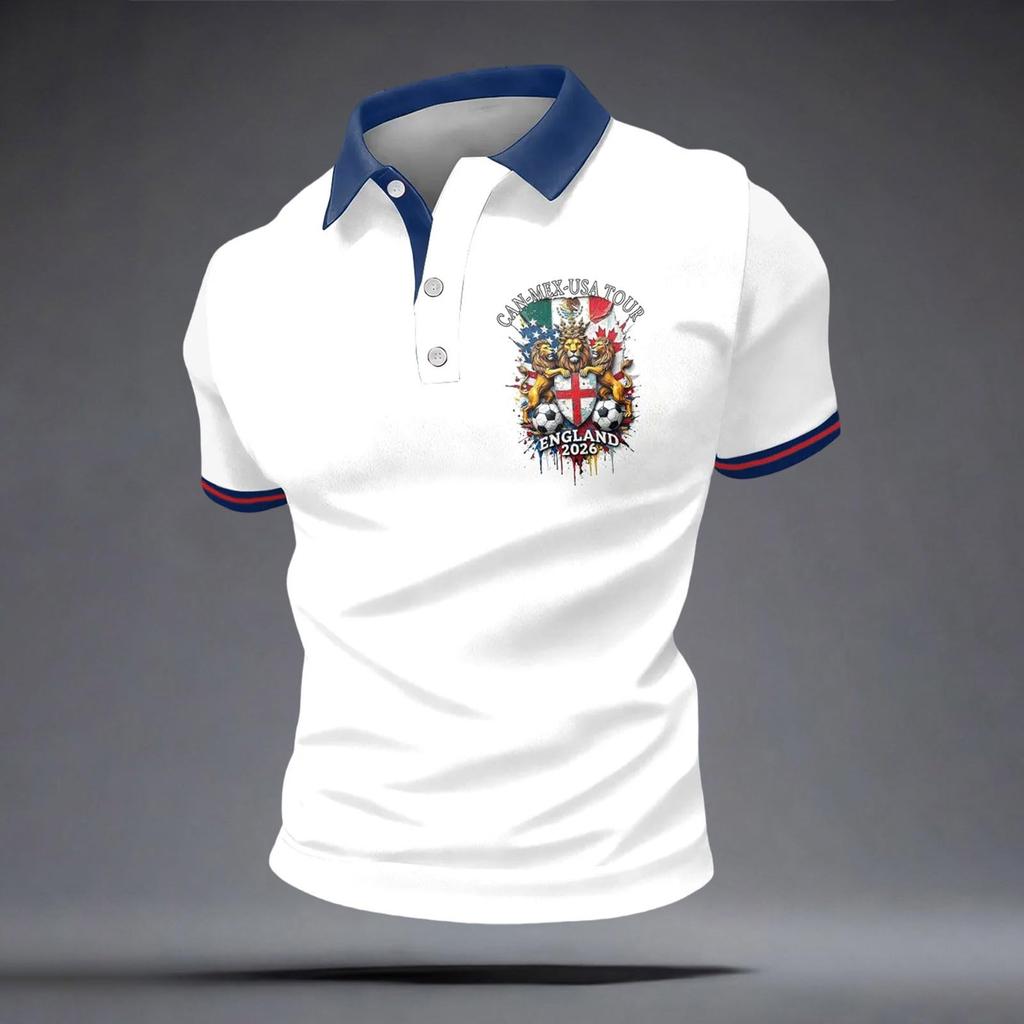 Men's Classic Polo Shirt Football Jersey England Style Short Sleeve Button Collar Lightweight Breathable Fabric Sportswear