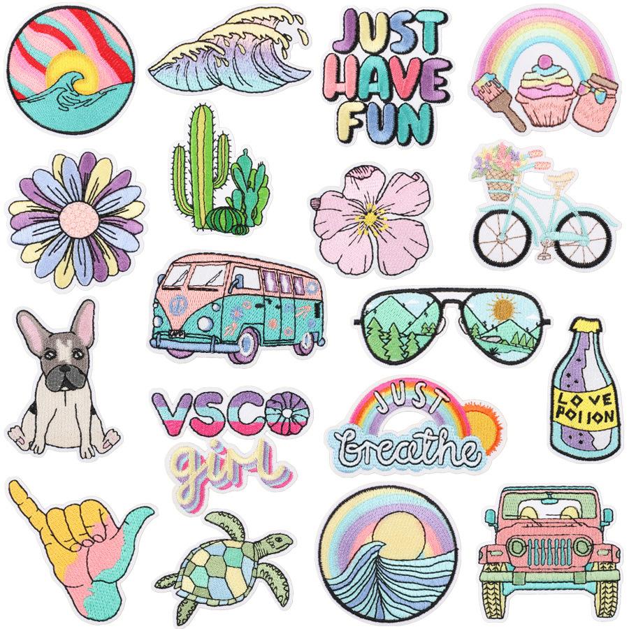 Summer Series Wave Embroidery Cloth Sticker Rainbow Cactus Computer Embroidery Label Cartoon Bus Patch Sticker