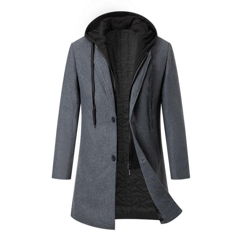 Autumn and Winter Thickened Hooded Fake Two-piece Mid-length Woolen Coat with Cotton Solid Color Slim Windbreaker Jacket