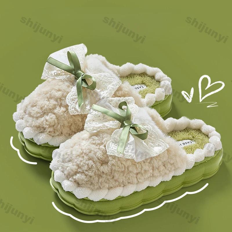 Women Fashion Winter Toe Wrap Warm Bows Cotton Slippers Thick Soft Sole Slides Female Indoor Thick Soles Non-slip Plush Shoes