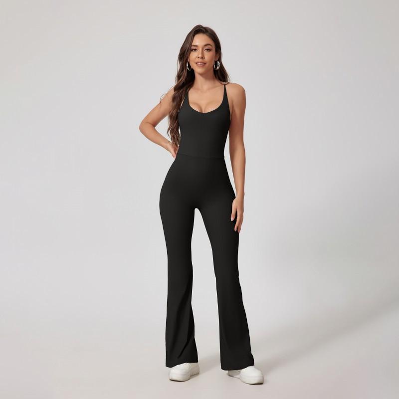 Seamless Ribbed Cutout Back Tight Yoga Jumpsuit Butt Lifting Gym Workout Bodysuit