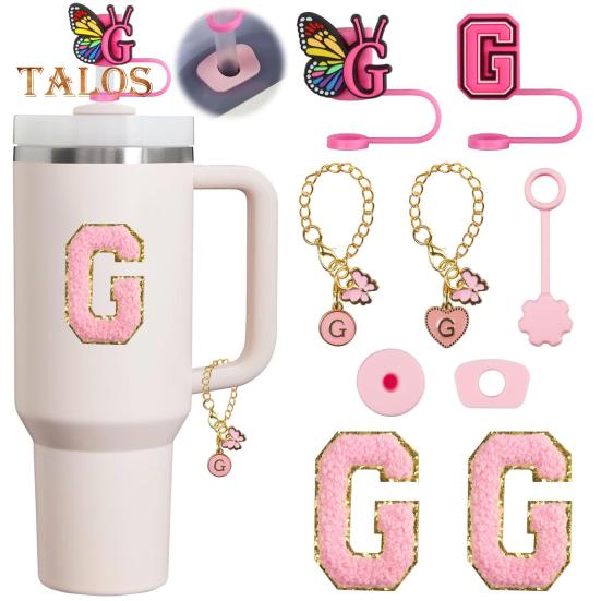 Set de dop de paie portabil de 9 buc. Accesorii pentru paie cu litere, design fluture, pentru cești de 30 oz 40 oz, capace reutilizabile din silicon pentru capace de paie.