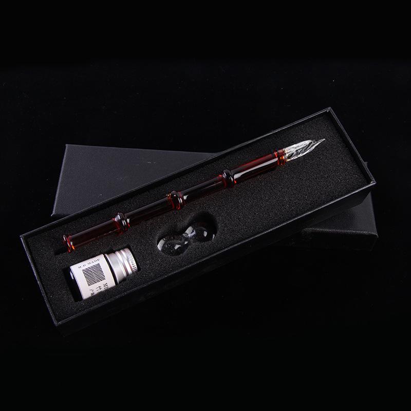 Bamboo Glass Dip Pen with Artistic Colored Ink Calligraphy Crystal Signature Pen for Drawing Writing Office School Supplies