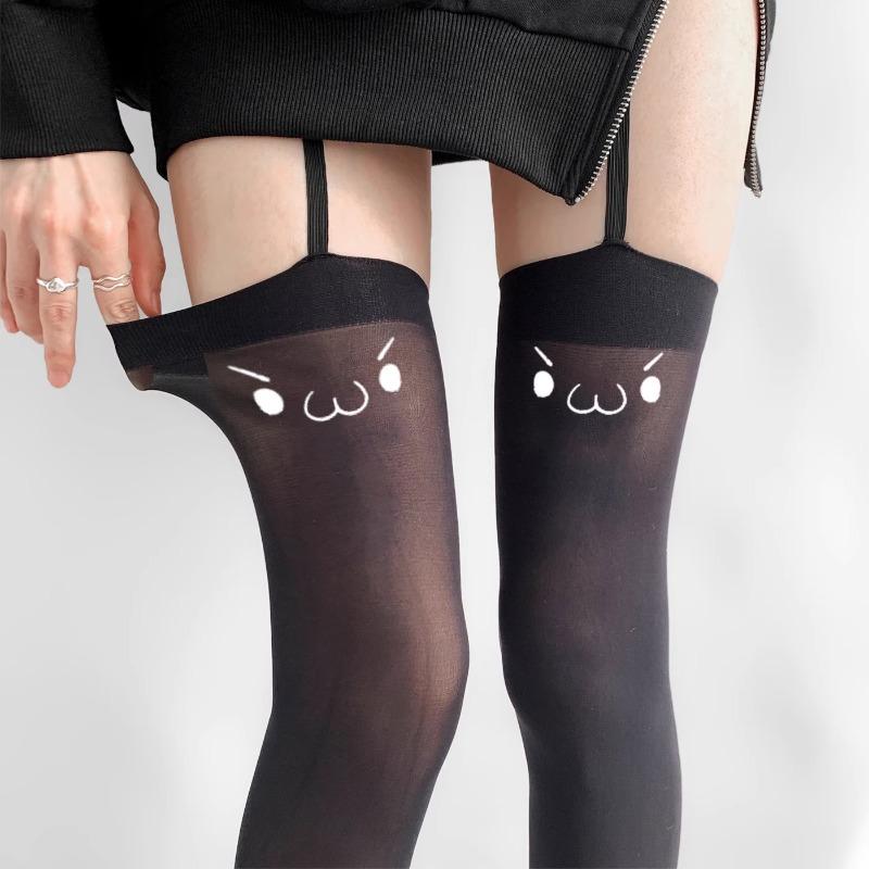 Women's Sexy Suspender Thigh High Stockings Velvet Thin Black and White Irregular Exposed Skin JK Japanese Over-the-knee Socks
