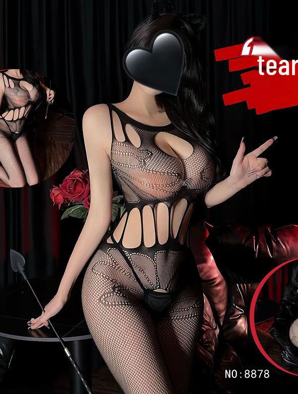 Drunk Cellar Sexy Fishnet Lingerie: European & American Style Hollow Out Bandeau with Removable Open Crotch Bodysuit Set.