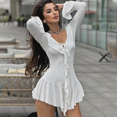 Ruffled Long Sleeve Women's Dress Summer High Waist V Neck Slim Mini Dresses Ladies Bandage Trendy Backless Lace Up White Dress Vacation Party Clothes