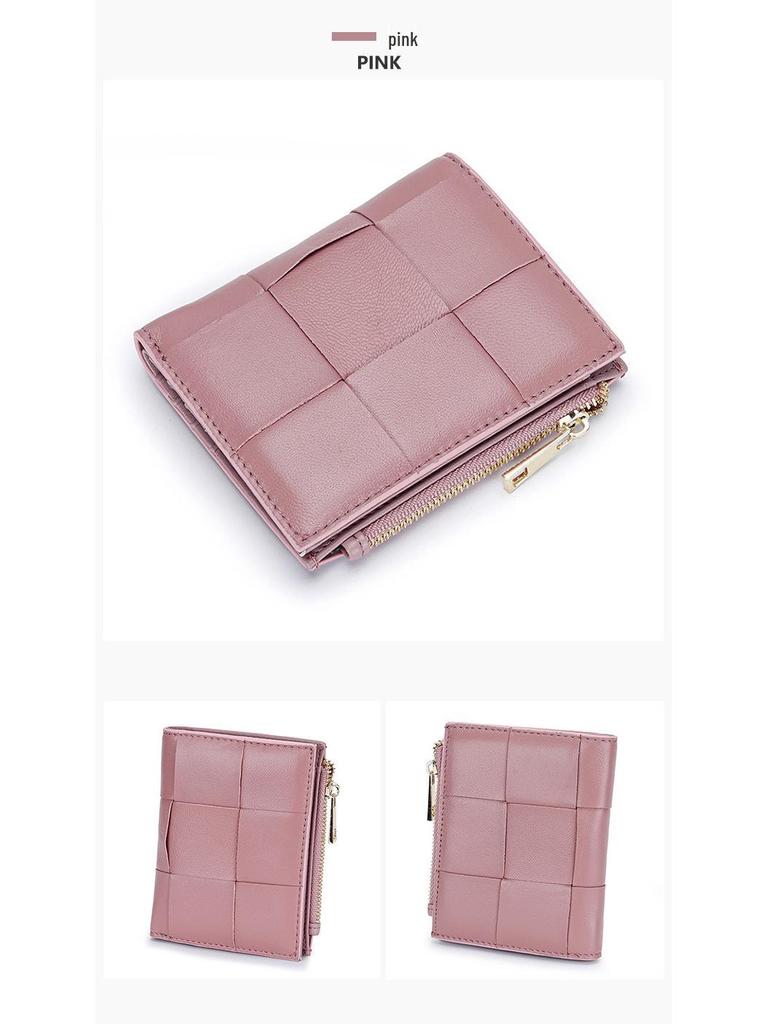 Women's Short Lambskin Woven Wallet: Foldable Card Holder & Zipper Coin Purse (2025)
