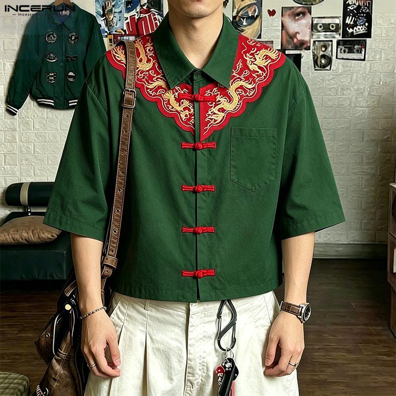 INCERUN Oversized Men Lapel Neck Half Sleeve Dropped Shoulder Vintage Knot Casual Shirts Tops