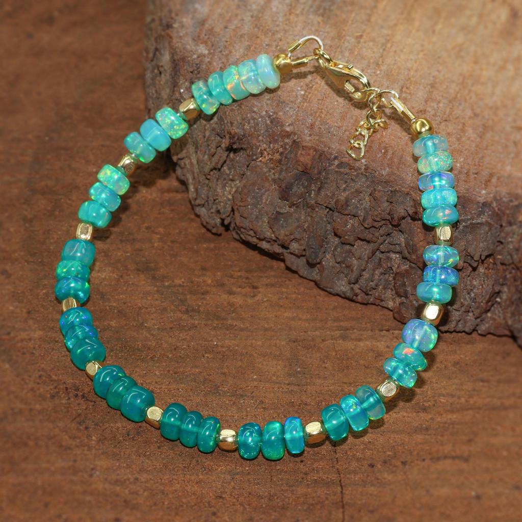 Fire Green Shaded Opal Three Beads Dainty Bracelet, Natural Opal Beaded Bracelet, Opal Birthstone Bracelet, Opal Gold Bracelet, Gift for Mom