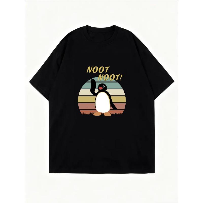 White T Shirt With Penguin And Noot Noot Text Vintage Sunset Design Casual Summer Wear For Women