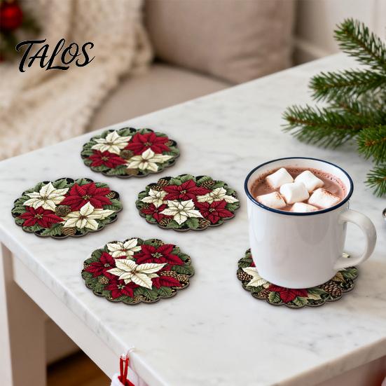 Rutschfeste Holzmatten 4/6 Stück Weihnachts-Tier-Untersetzer, Festliche Karomuster-Blumen-Runde Getränkebecher-Untersetzer Matten, Tischdekorationen für Zuhause Büro