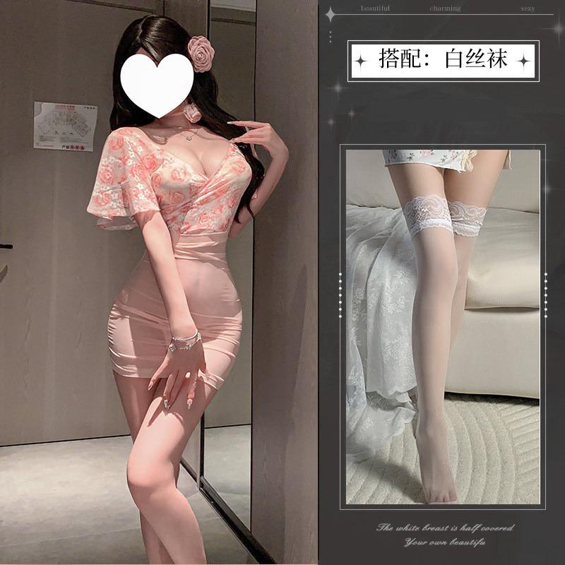 Sex Underwear Pure Desire Wind Nightdress Halter Hip Skirt Nightclub Floral Sexy Temptation Deep Uniform Suit Perspective