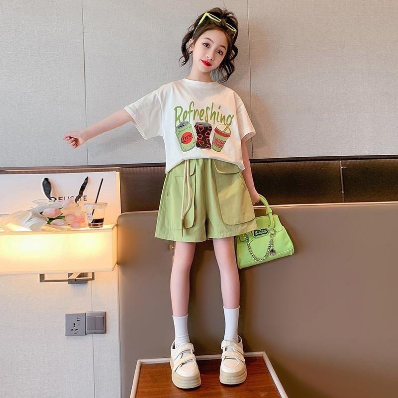 Girls Korean Version of the Casual Sports Suit Summer Dress Middle and Large Children Short-Sleeved Shorts Letter Short-Sleeved