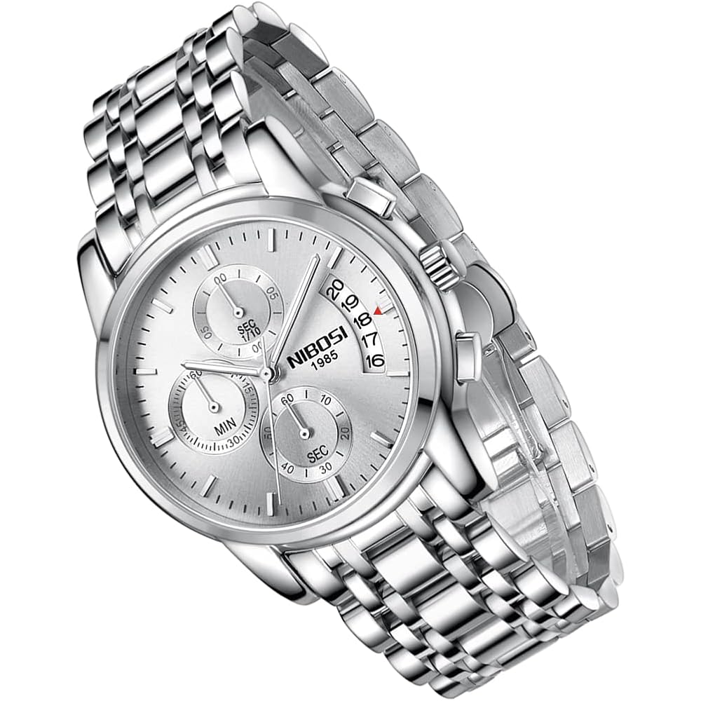 NIBOSI Men s Silver Analog Chronograph Watch Waterproof Casual Metal Band Stainless Steel Date Display