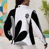 Women Plus Size Collared Long Sleeve Black White Abstract Floral Printed Button Down Shirt