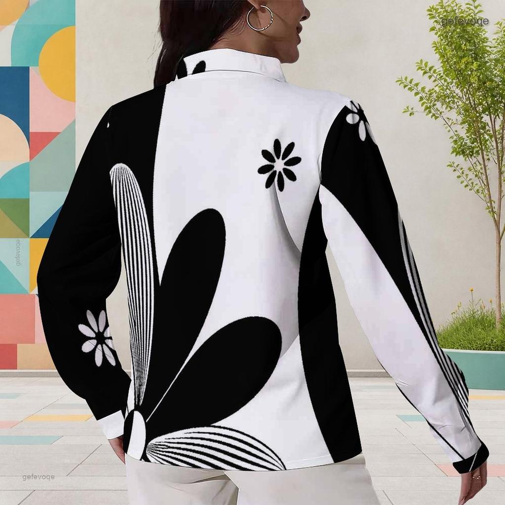 Women Plus Size Collared Long Sleeve Black White Abstract Floral Printed Button Down Shirt