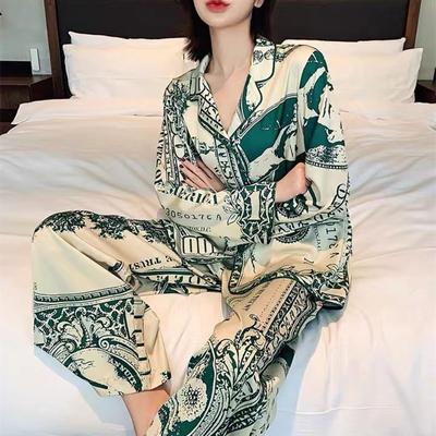 Women's Lingerie Pajamas Set Two-piece Silk Pajamas Long-sleeved Cardigan Trousers Printed Home Clothes Spring and Autumn Pajamas