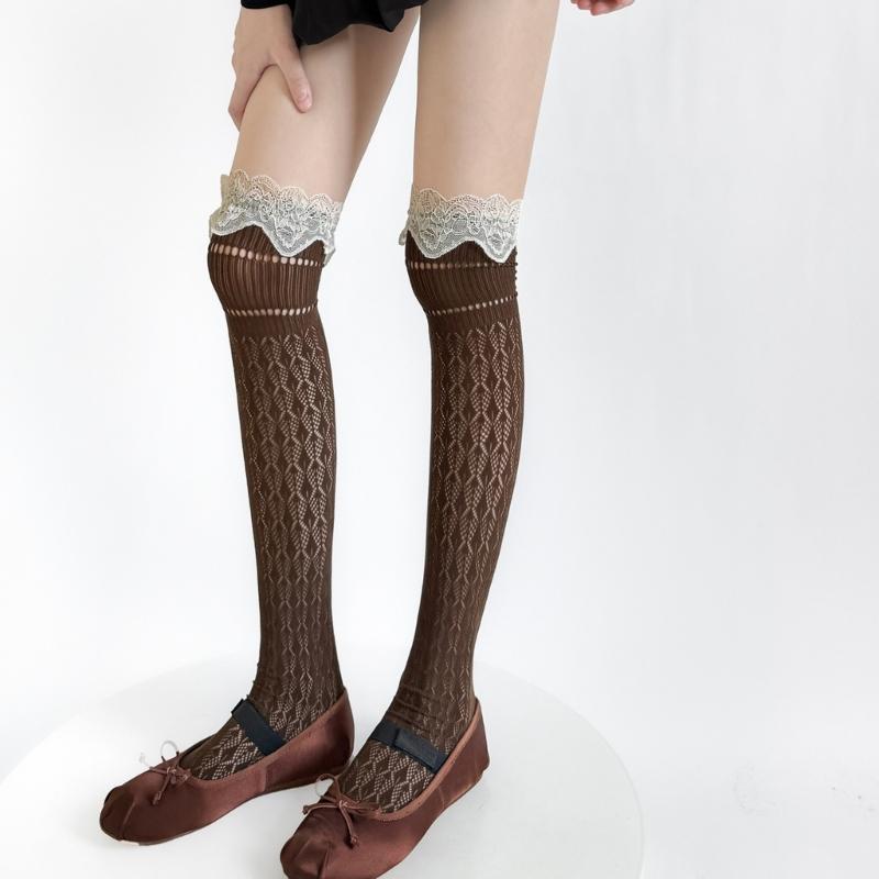 Women Nylon Stretch Thigh High Stockings With Lace Trim and Mesh Detailing Hollowout Over the Knee Socks for Daily Use