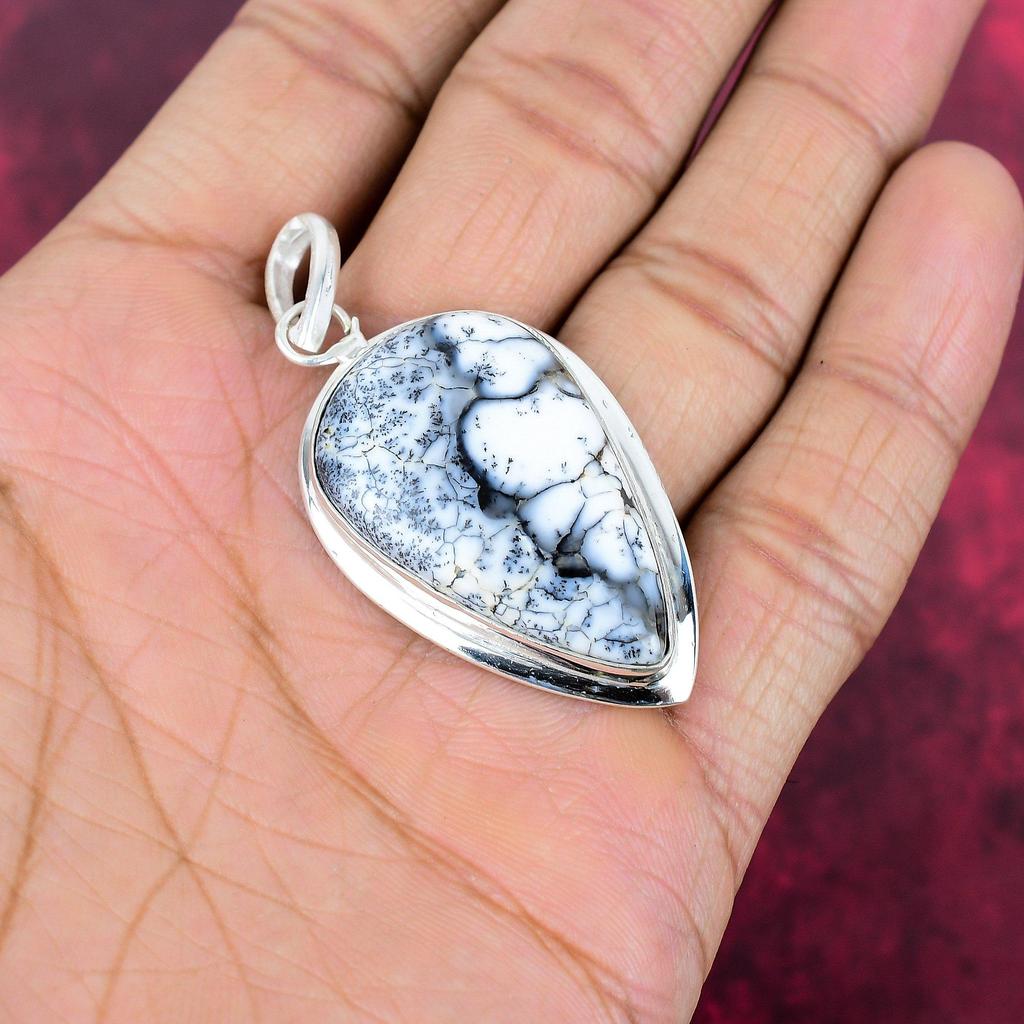 Dendrit Opal 925 Sterling Silber Anhänger, handgemachter Edelstein Schmuck Anhänger Geschenk zum Geburtstag