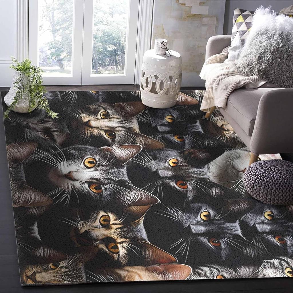Cat Washable Area Rugs Pet Animal Cat Ears Eyes Non Slip Rugs for Living Room Bedroom, Low Pile Floor Mat Large Indoor Carpet