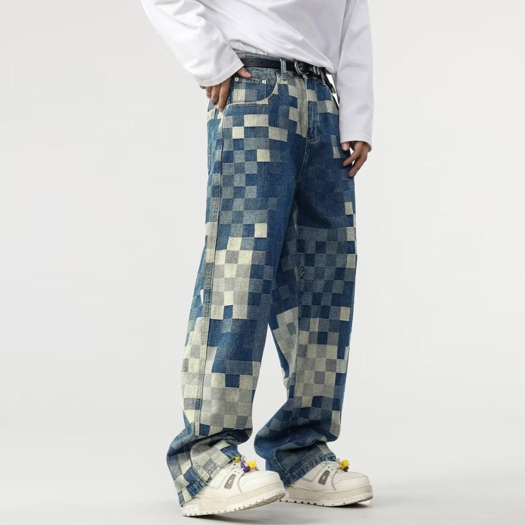 Checkerboard Jeans Men's Straight Loose Wide-leg Personality Jeans