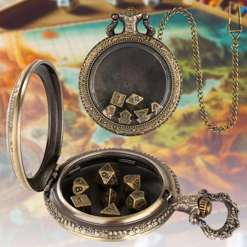 Unique Pocket Watch Case with 7pcs/set Metal Polyhedral Dices Pendant Delicate Pocket Watch for Gamers and Collectors