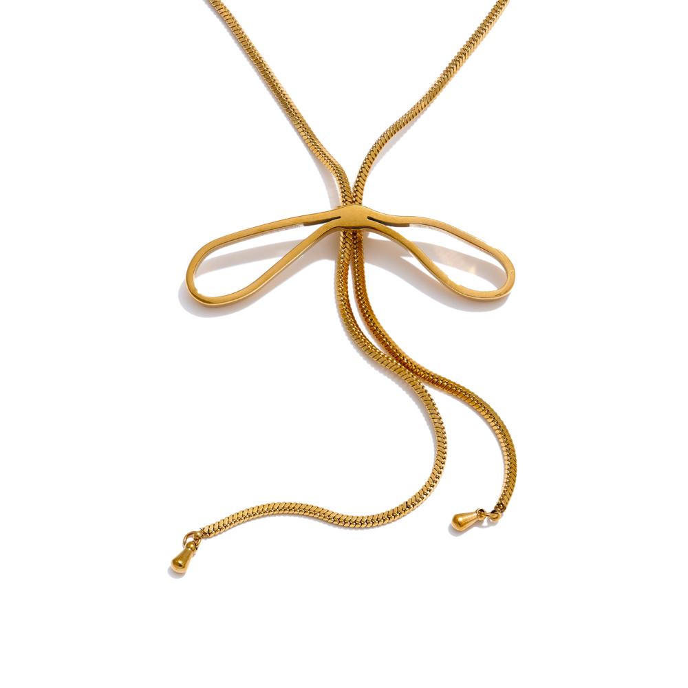 

Yhpup 65cm Long Style Stainless Steel Bow Knot Movable Fashion Necklace 18K Gold Color Plated Sweater Chain Jewelry Accessories