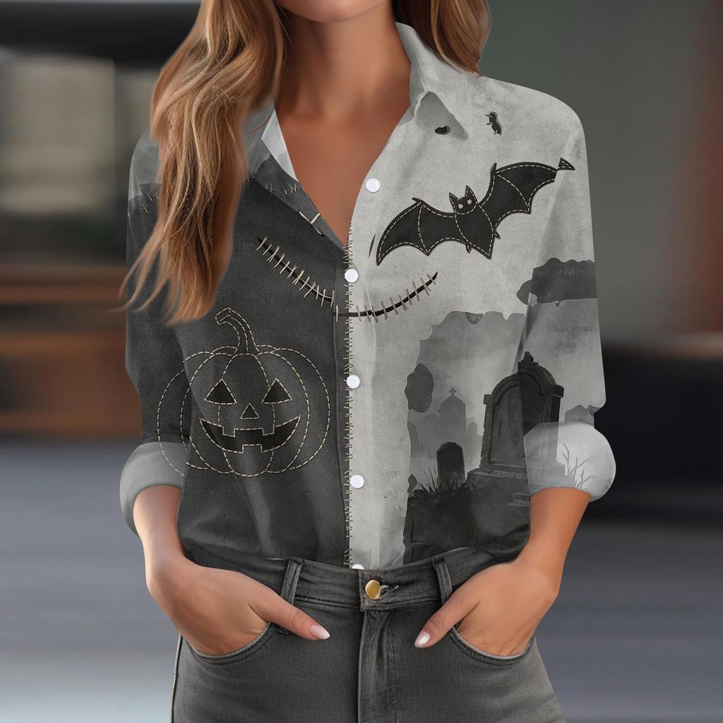 Women's Long Sleeve Button Down Shirt Casual Regular Fit Halloween Print Shirt Top with Classic Collar and Full Button Closure