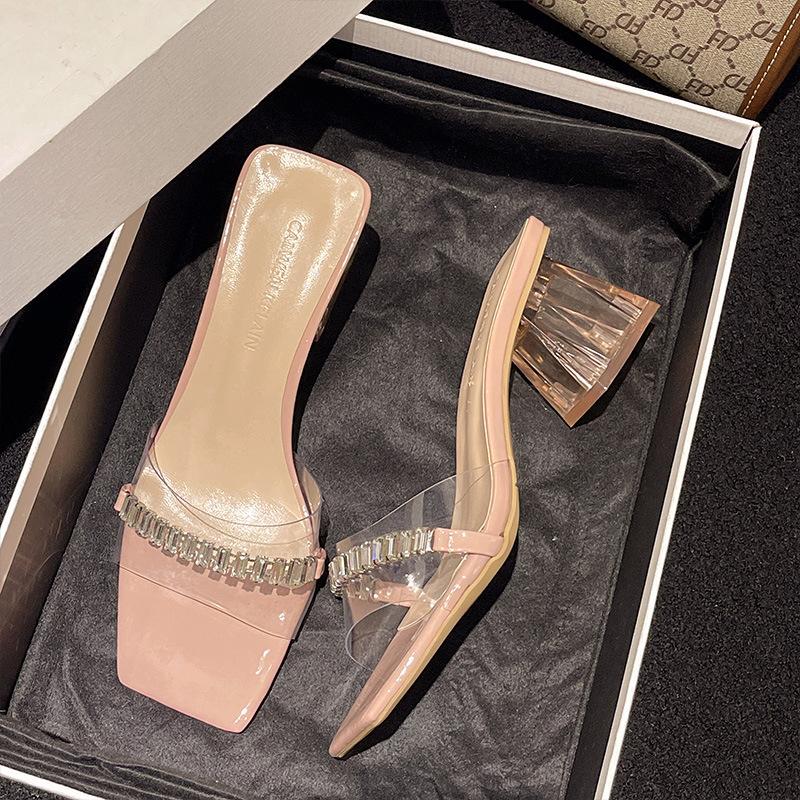 

Прозрачные сандалии женские туфли на высоком каблуке лето новые на среднем каблуке модные универсальные на толстом каблуке носить стразы крутые шлепанцы 40 розовый