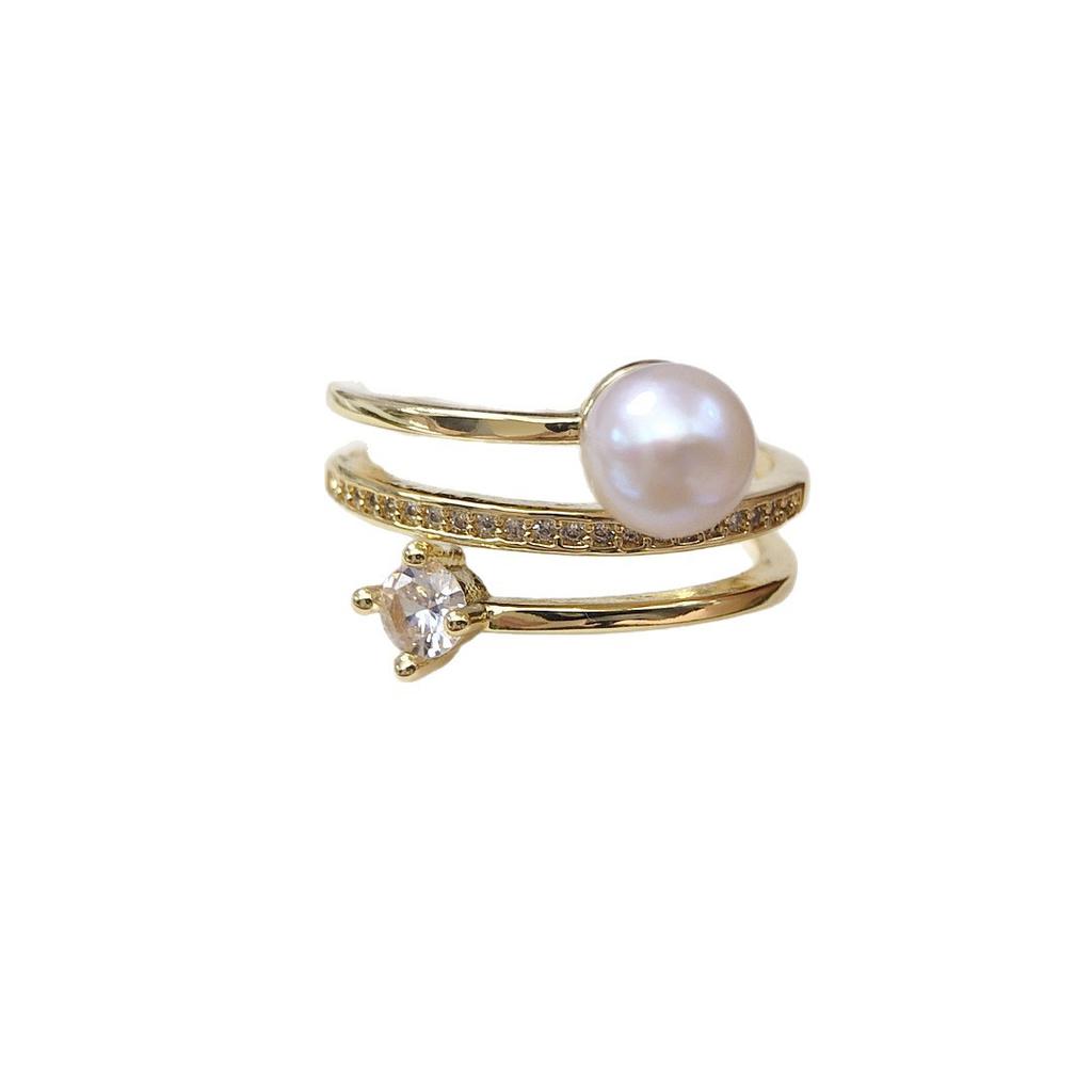 Natural Freshwater Pearl Loop Ring, Pearl Fashion Multi-layer Zircon Minimalist Gift Ring