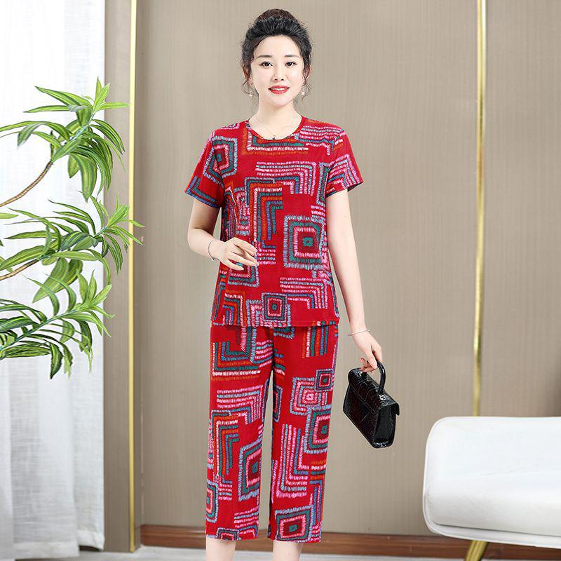 Ice Silk Summer Set for Middle-Aged & Elderly Women - Short-Sleeve Casual Homewear Pajamas