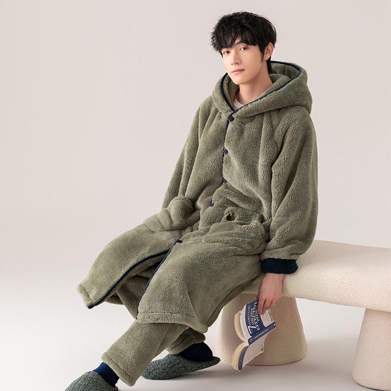 Men's Thick Flannel Fleece Pajama and Bathrobe Set - Autumn/Winter Homewear