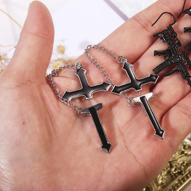 Punk Black Cross Drop Earrings For Teens Vintage Rock Pride Long Chain
