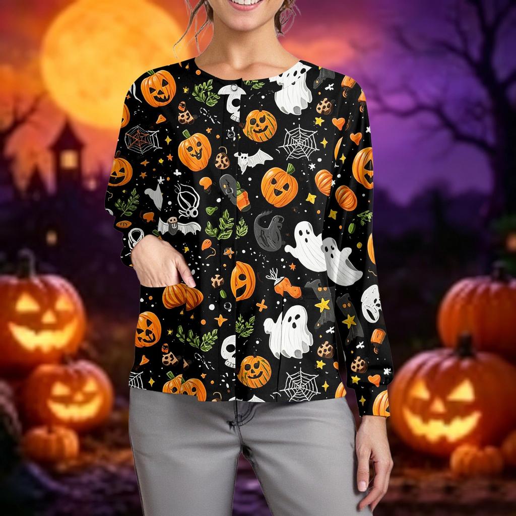 Women Long Sleeve Button Front Cardigan Halloween Print Lightweight Knitwear Pullover Top for Casual Wear and Work