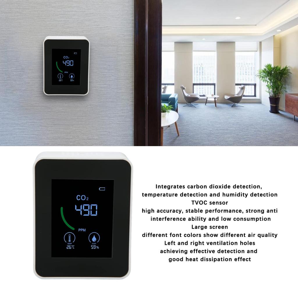 Měřič CO2 s teplotou a vlhkostí Velký ventilovaný USB pro použití Vysoce přesná detekce, 3v1 obrazovka, Stabilní, Design, Nabíjení,