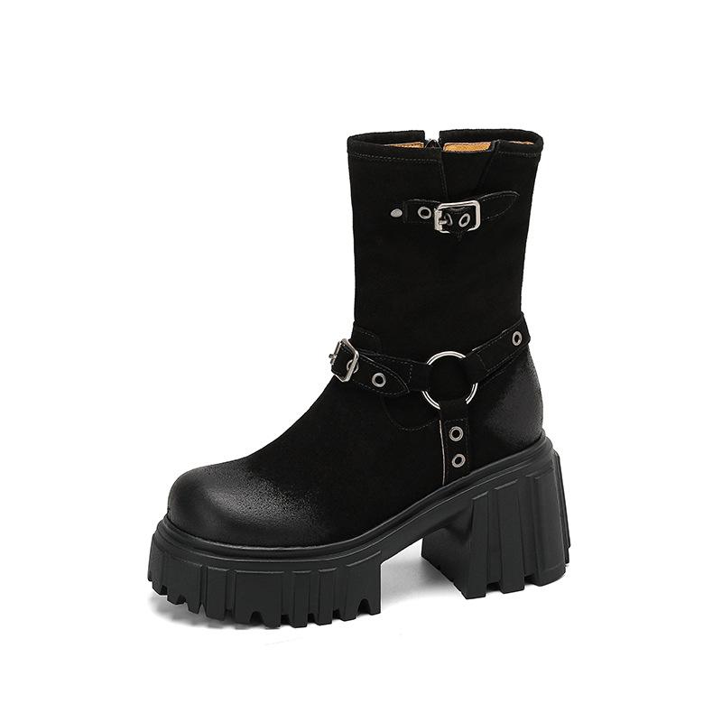 Frostet skinn retro polerte tykksålede Martin-støvletter for kvinner 2025 høst og vinter nye Maillard vanntette bord tykkhælede korte støvletter for w