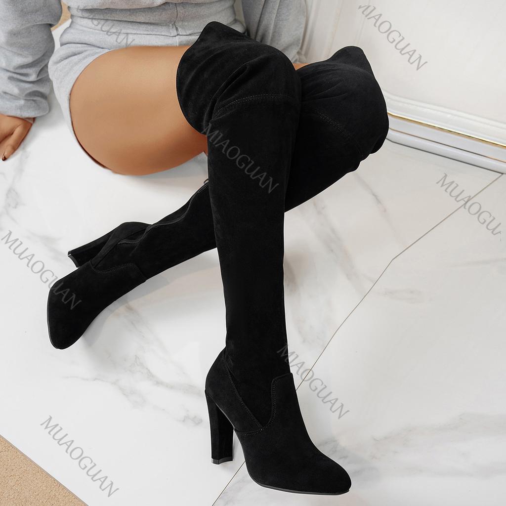 Fashion Autumn Winter New Knee-high Boots Solid Suede Temperament Round Head High-heeled Shoes for Women Sexy Over The Knee Sock Boots