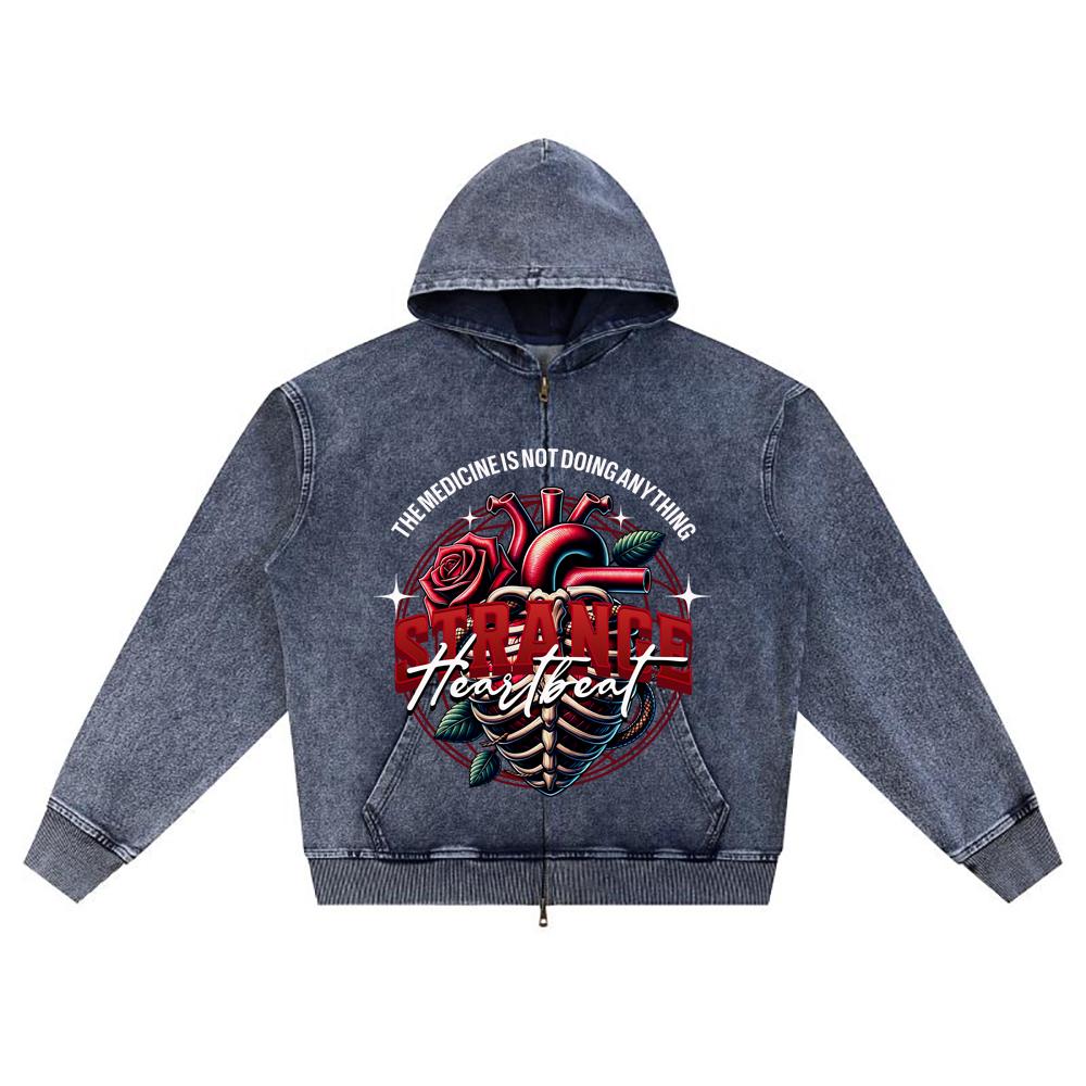 DTG Print Knitted Denim Zip-Up Hoodie Strange Heartbeat T Shirt Brother Print Zipper Hoodies