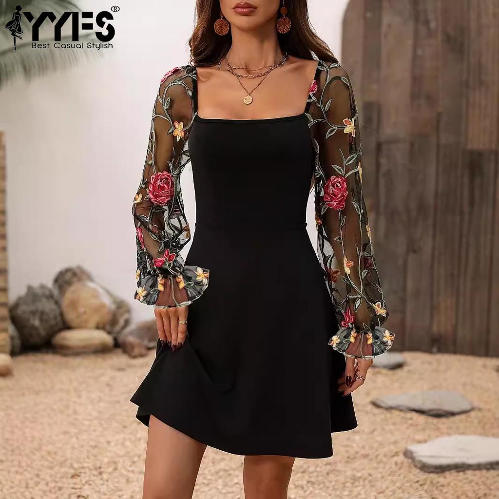 YYFS Women's Fashion Spring Fall Flower Pattern Print Long Sleeve Square Collar High Waist Casual Dresses