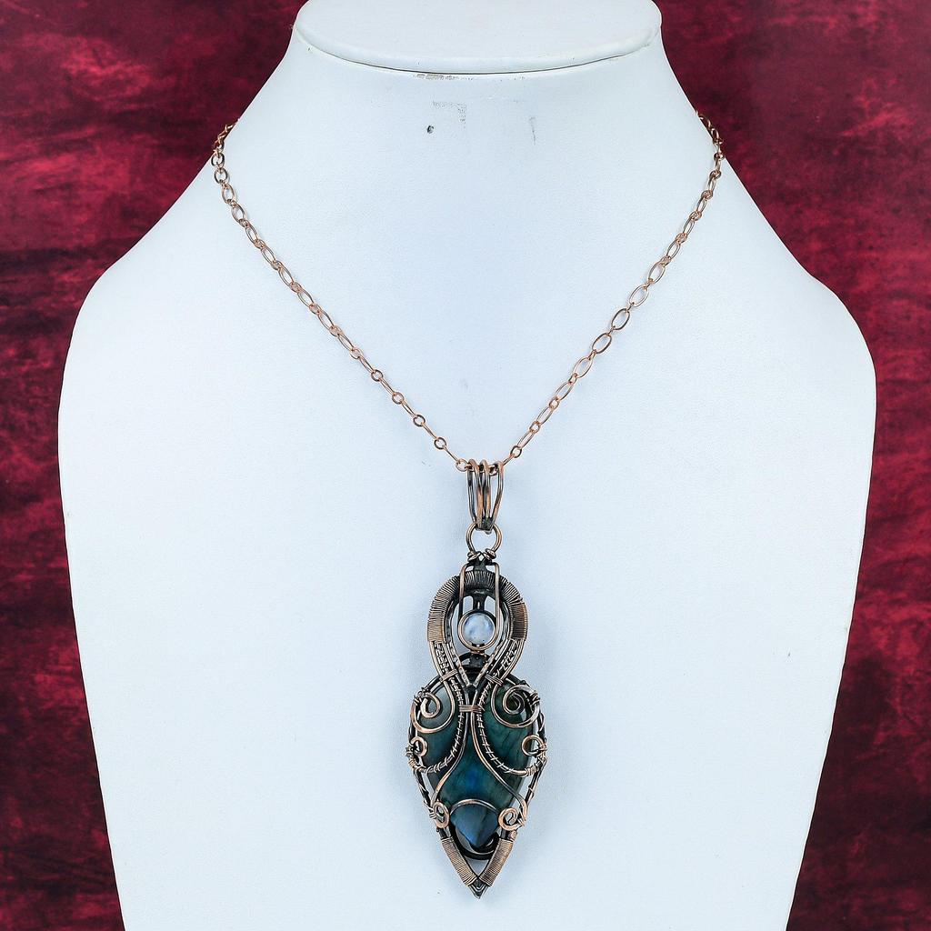 Labradorite Pendant Copper Wire Wrapped Jewelry Rainbow Moonstone Pendant Handmade Gemstone Jewelry Copper Wire Wrap Pendant Gifts For Her