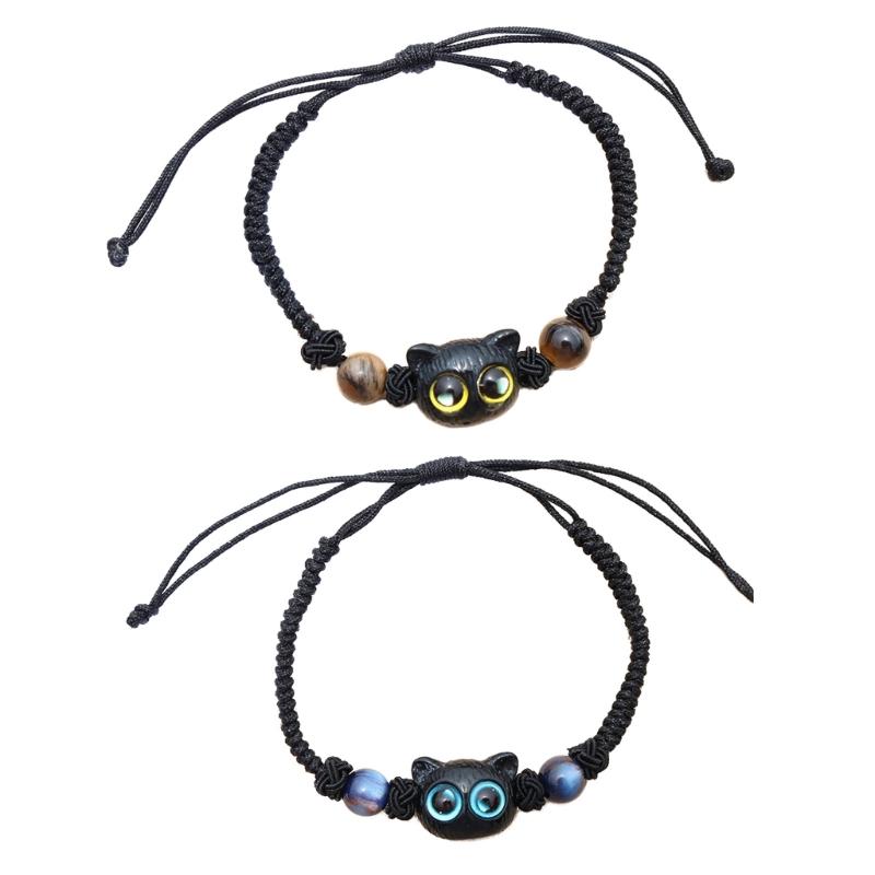 Adjustable Cord Bracelets Friendship Jewelry Handmade Braided Rope Handchain Unique Cat Head Pendant Wristband Bracelets