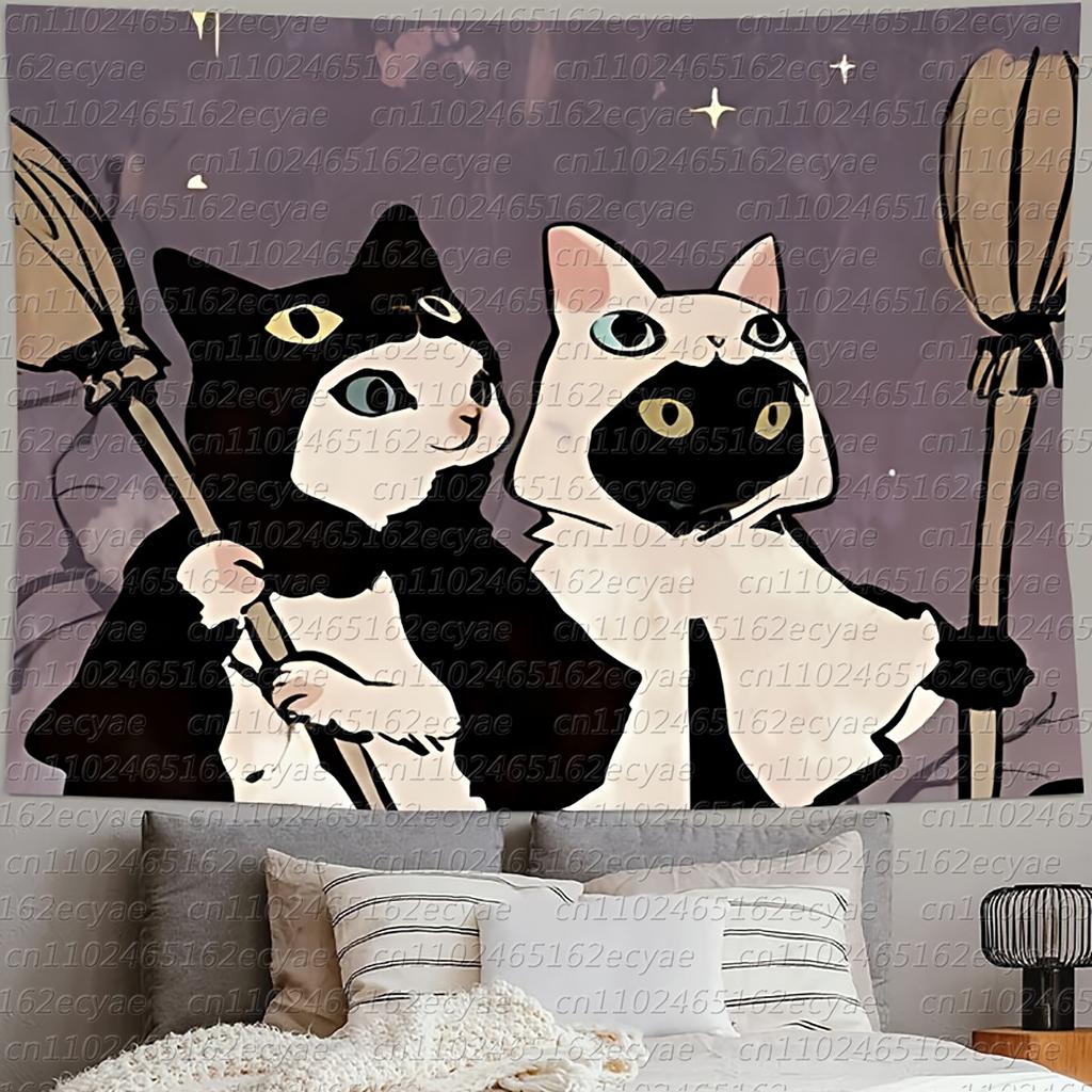1pc Black and White Cat Cartoon Tapestry Wall Hanging for Living Room Bedroom Decoration Includes Simple Installation Kit