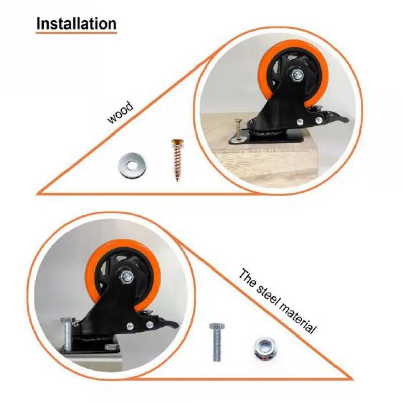 4 Pcs 3/4/5 Inch Medium Duty Orange Ventilated Floral Swivel Caster Wheel with Brake, Industrial Furniture Casters