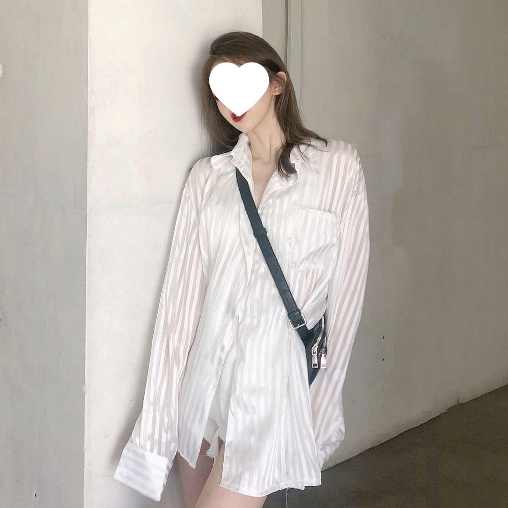 Women's White Striped Long Sleeve Silk Shirt - Loose, Versatile, Sun Protection Jacket for Summer